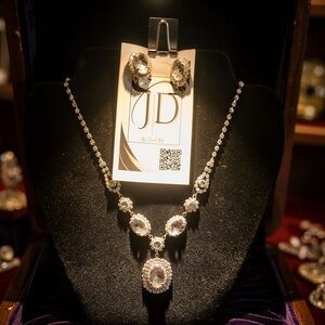 Silver-Tone Oval Crystal Bridal Necklace & Clip-on Earring Set